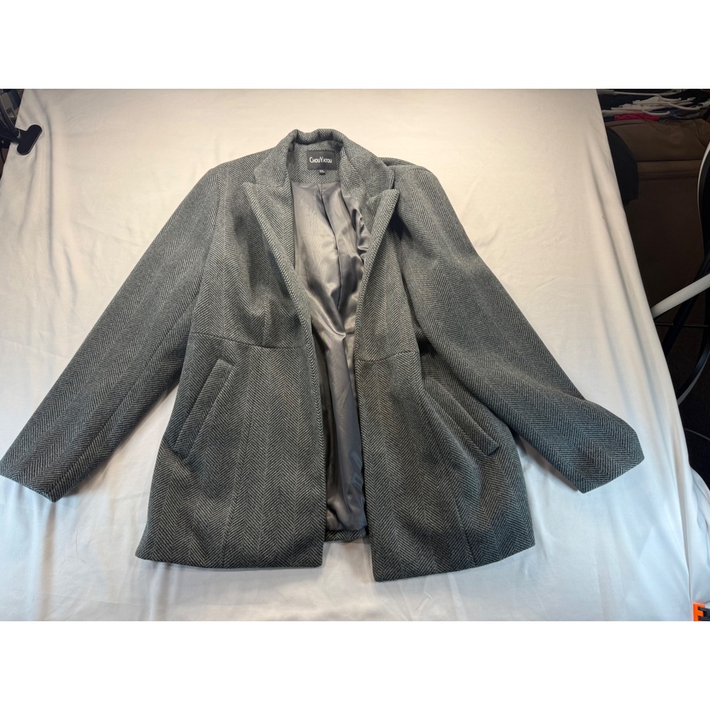 Chouyatou Womens Grey Herringbone Notched Lapel Mid Length Pea Coat Jacket XXL